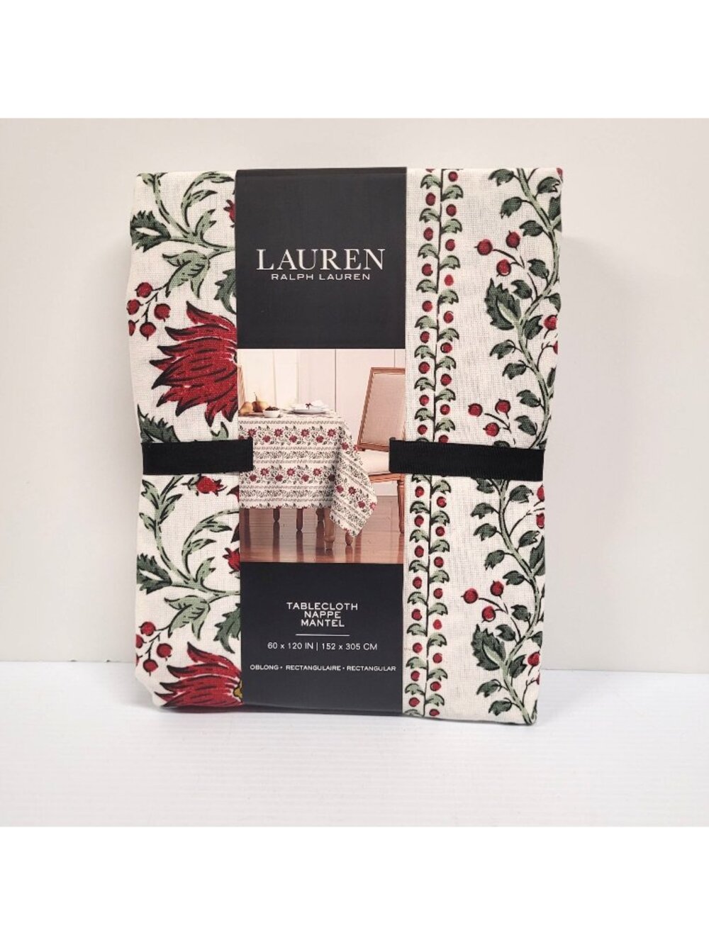Ralph Lauren Red Green Jacobean Floral 60 x 120 Cloth Tablecloth Rectangle New